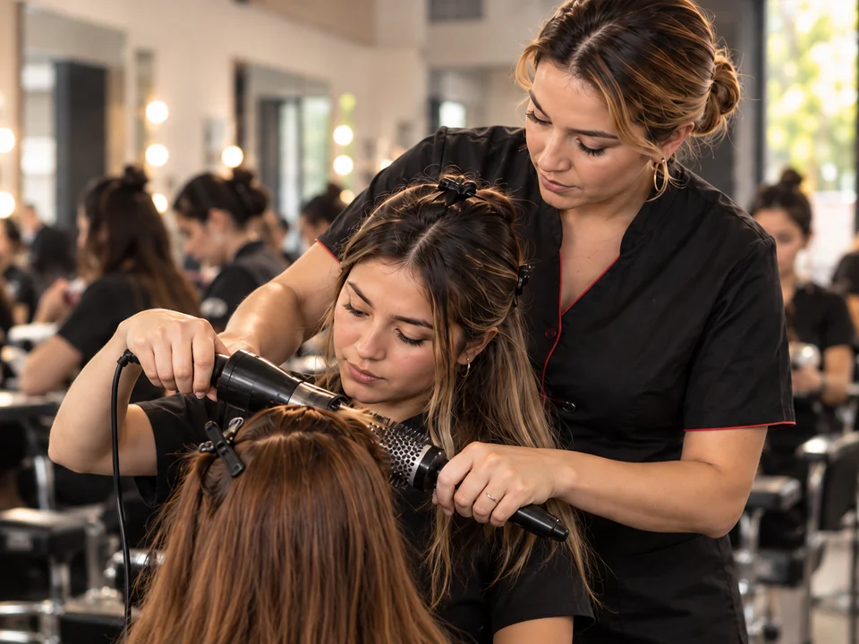 Estudiante y formadora de Academia de Belleza Lady en práctica técnica de estilismo